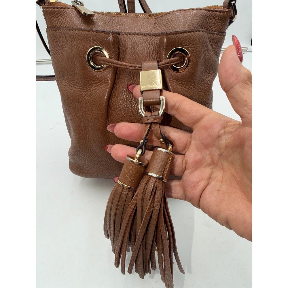 Michael Kors Brown Pebbled Leather Tassel Drawstring Crossbody Bag Acorn Gold - Picture 3 of 16